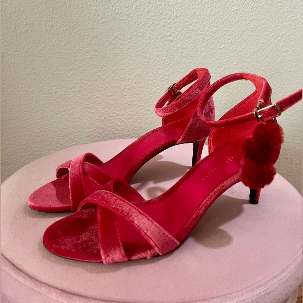 Charles & Keith Pink Velvet Ankle Strap Heels with Pom-Pom Char